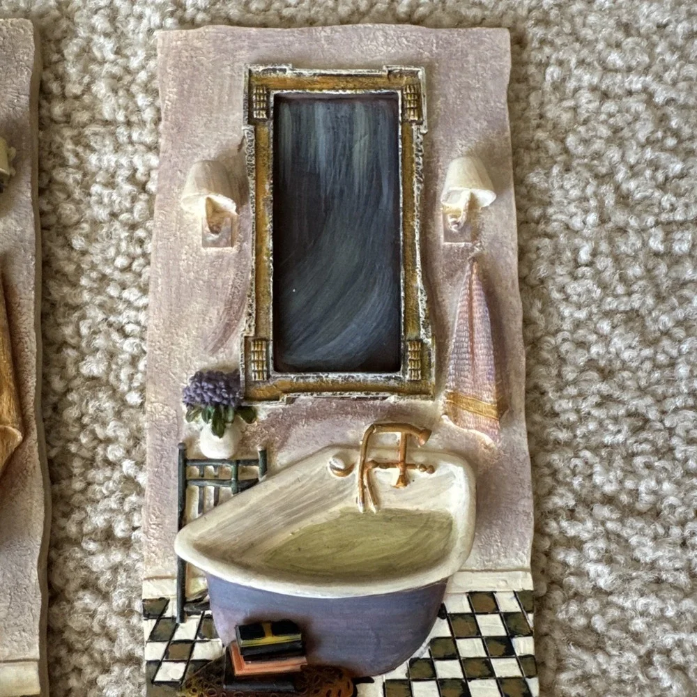 Vintage C. Winterle Olson 3D Bathroom Wall Art Plaque Set 1990s Relief Decor